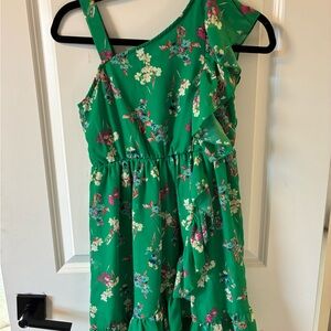 Green Floral Ruffle One-Shoulder Kids Dress